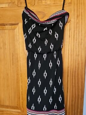 White House Black Market Black Mini Dress with White Ikat and Pink Trim